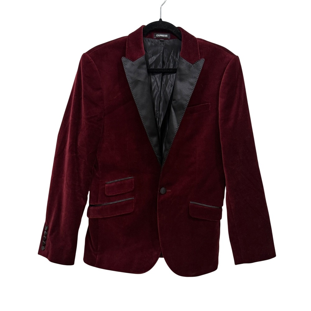 Express Mens Burgundy Velvet Slim Fit Blazer Jacket 36S ID 400350 Maroon Tuxedo
